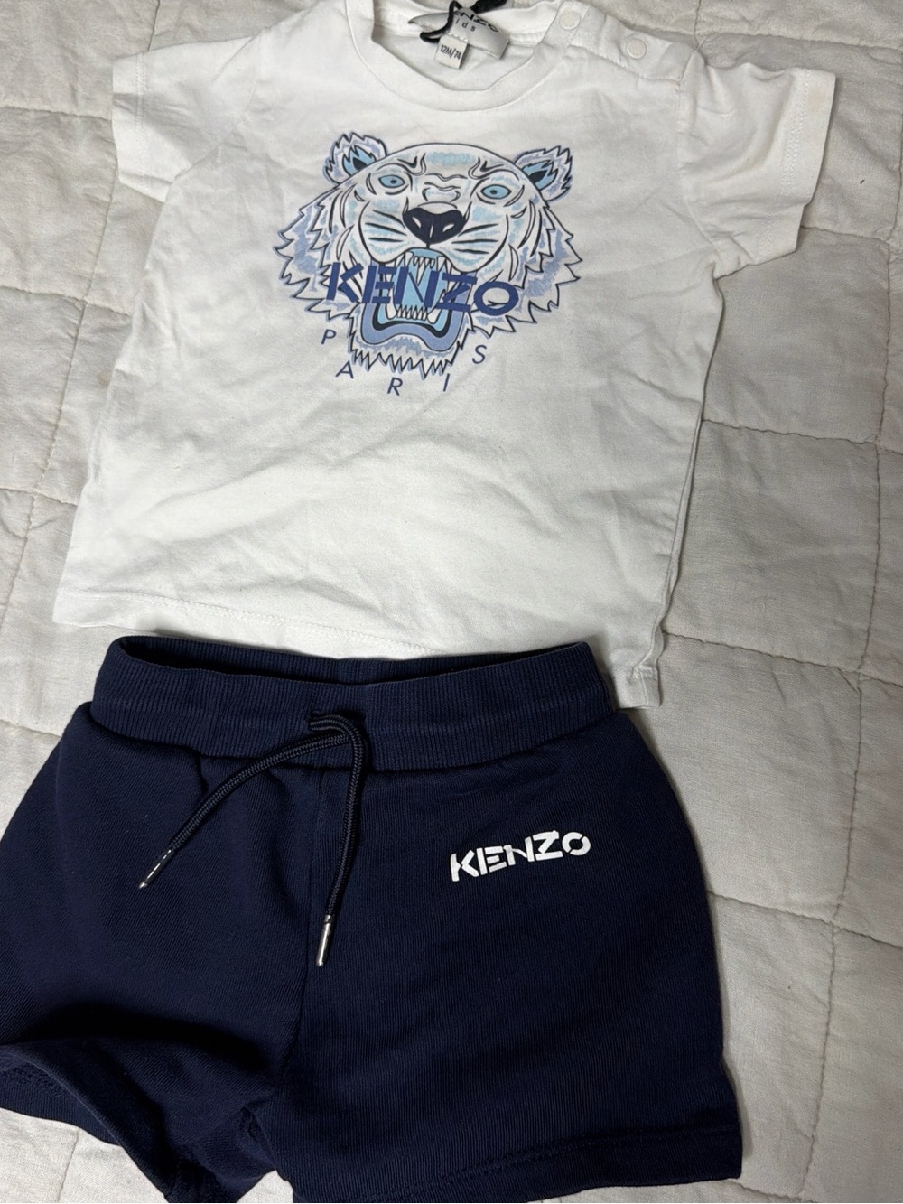 Kenzo White Tee with Blue Tiger Graphic & Navy Shorts Set